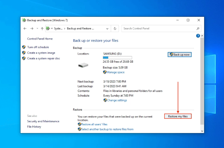choose restore my files from backup
