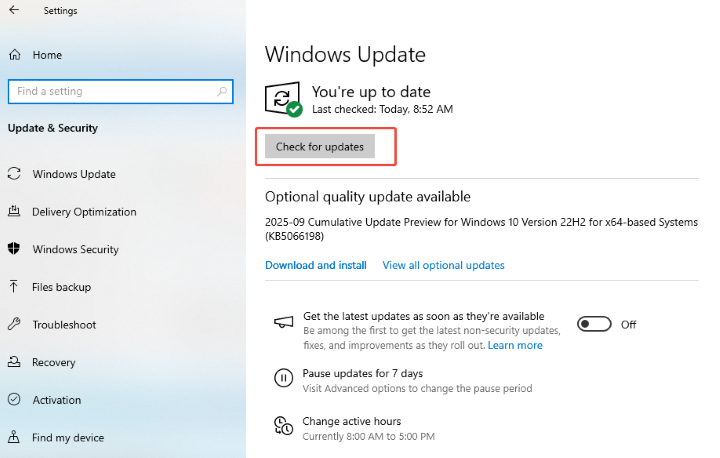 click check for updates windows