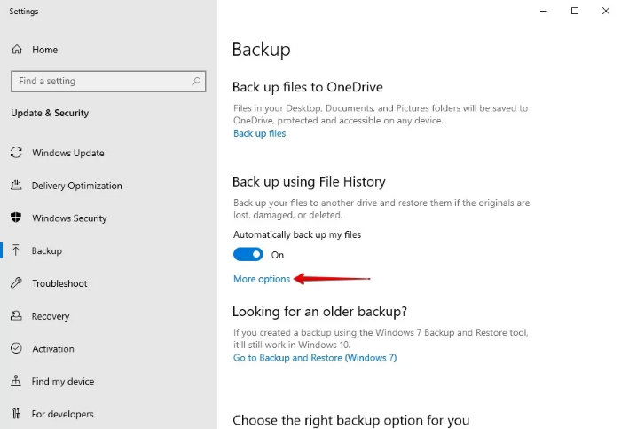 click more options under backup
