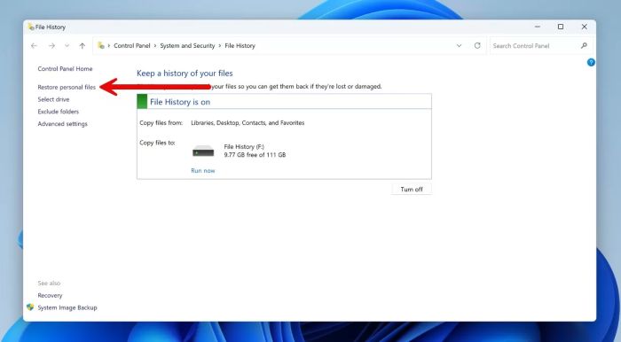 click restore personal files