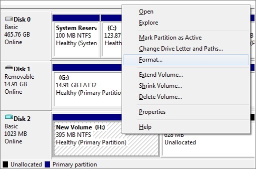 Format drive from Disk Management