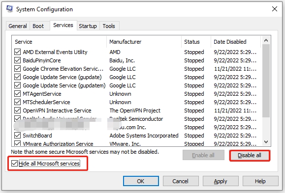 press the disable all button