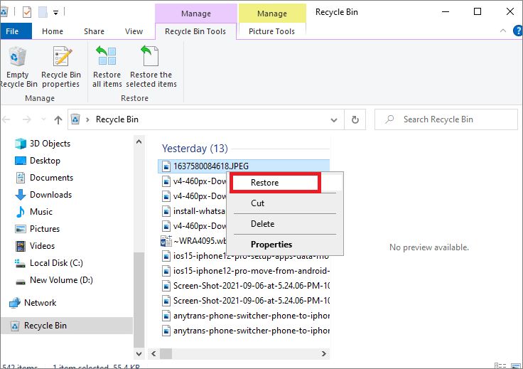 windows 10 recover files from recycle bin