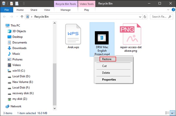 restore videos from recycle bin