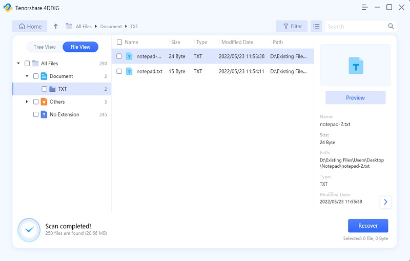 scan and preview deleted notepad files