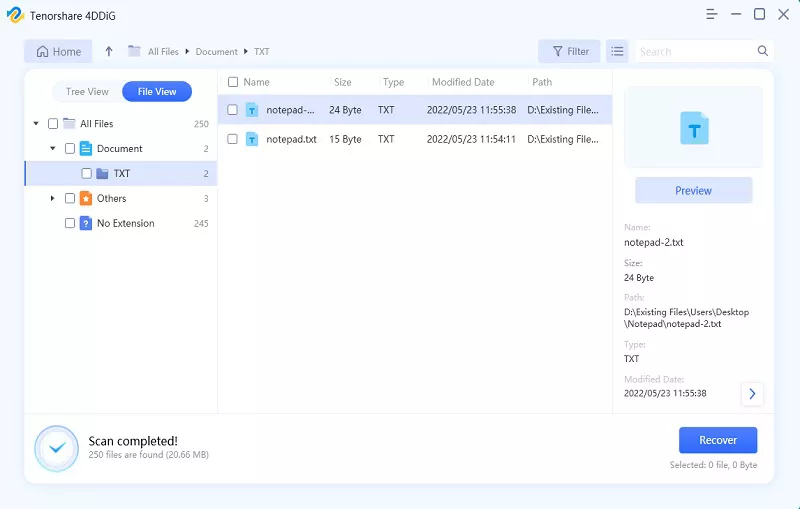 scan and preview deleted notepad files