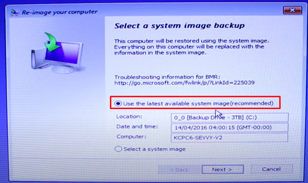 select windows system image backup for transfer to another drive