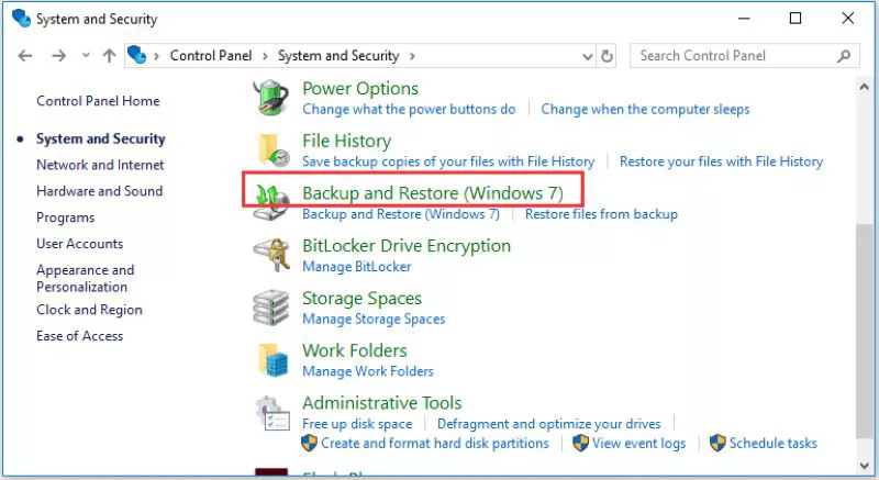windows backup restore option