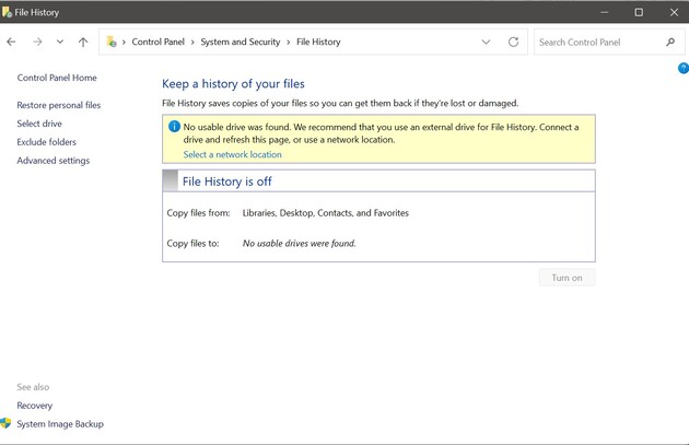 a place to select restore personal files