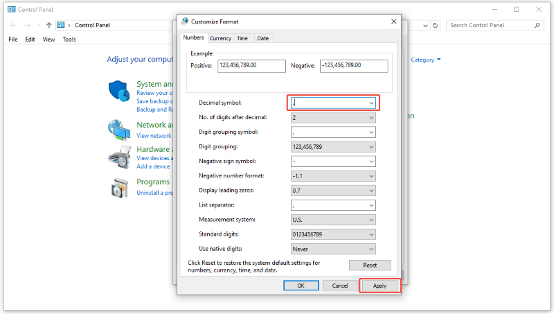 adjust decimal symbol