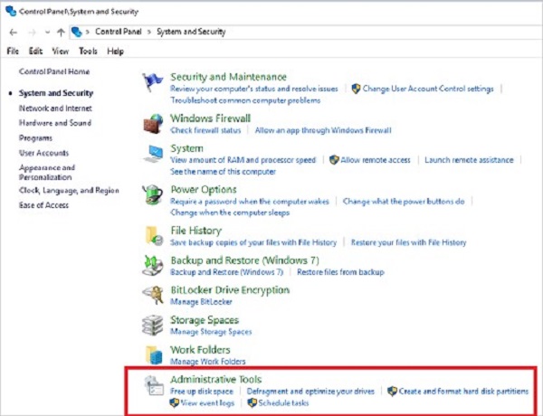 Administrative tools in setting while fixing partition recovery