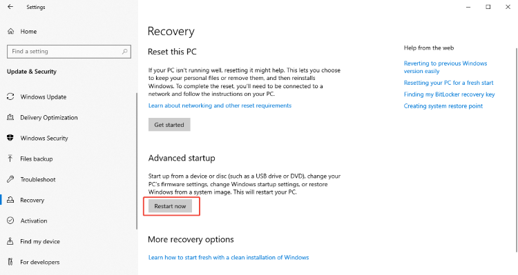 advanced startup restart now