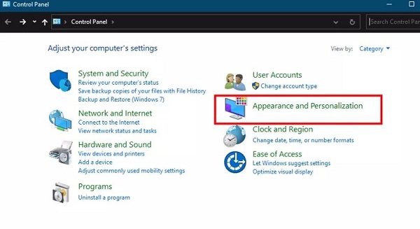 제어판에서 모양 및 개인 설정을 클릭하기