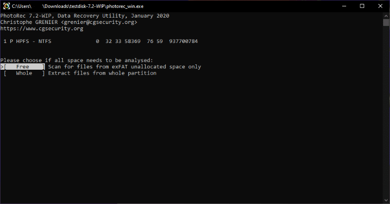 choose free or whole from photorec