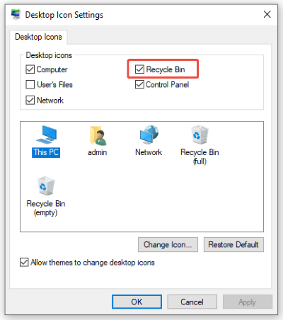 choose recycle bin in desktop icon settings