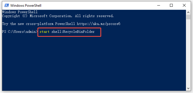 enter start shell recyclebinfolder in powershell