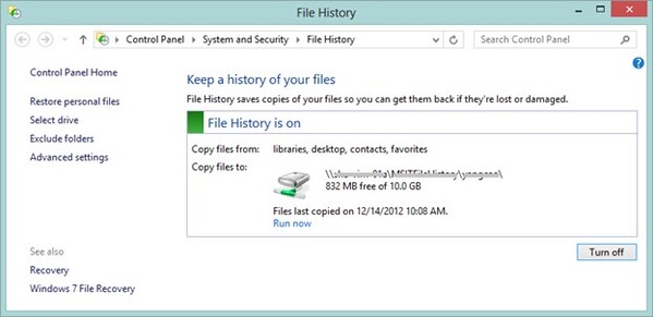 Histórico de arquivos para restaurar