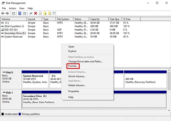 Format option while using disk management for partition recovery