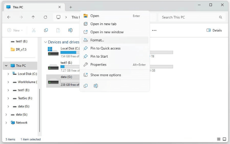 format the drive under file explorer