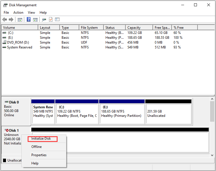 fix SSD not showing up in Windows 10- initialize disk