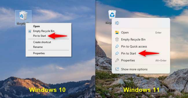 pin recycle bin to start menu on desktop