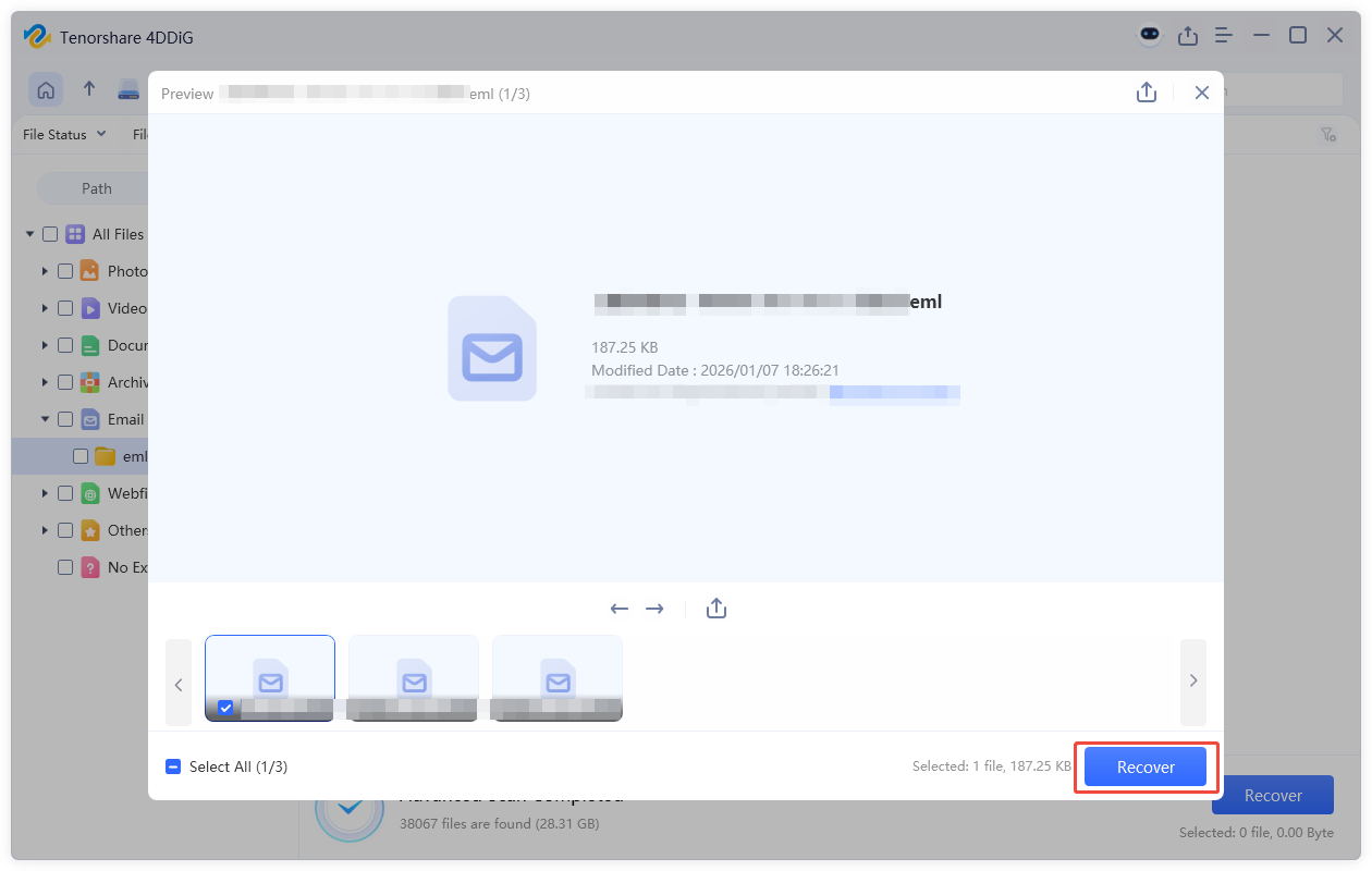 preview and recover the emails