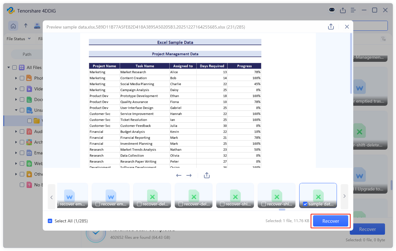 preview and recover the files
