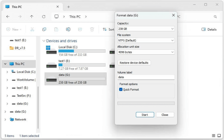 quick format the drive under file explorer
