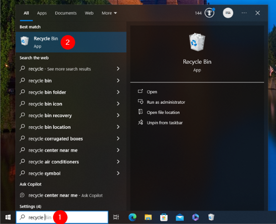 search for recycle bin in windows 10
