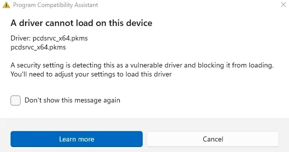 a driver cannot load on this device pcdsrvcx64 pkms