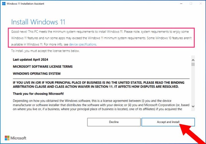 Windows 11 Installationsassistent: Annehmen und installieren