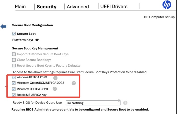 adjust secure boot configuration