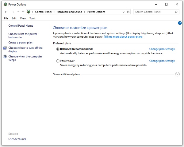 adjust the power options under control panel