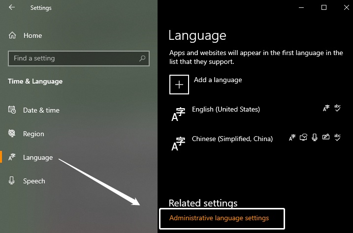 administrative language settings