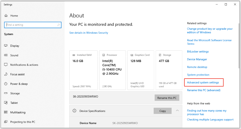 advanced system settings windows