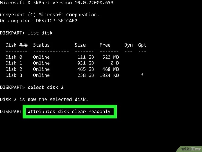 attributes disk clear readonly command prompt