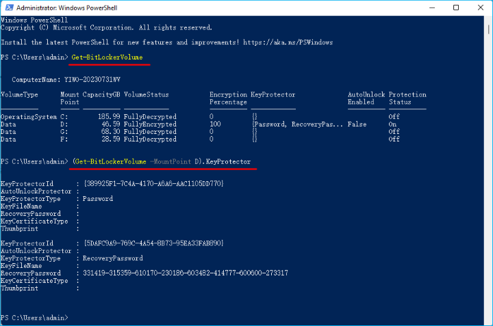 bypass bitlocker recovery key with powershell