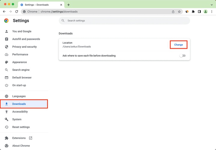 change the chrome downloads location