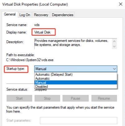 change virtual disk startup type