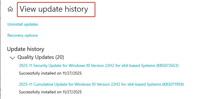check failed update in update history