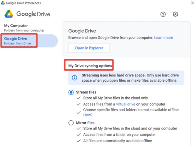 check google drive sync preferences