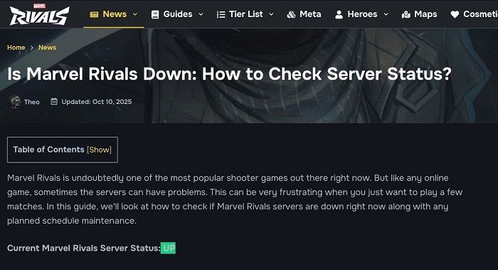 check marvel rivals server status