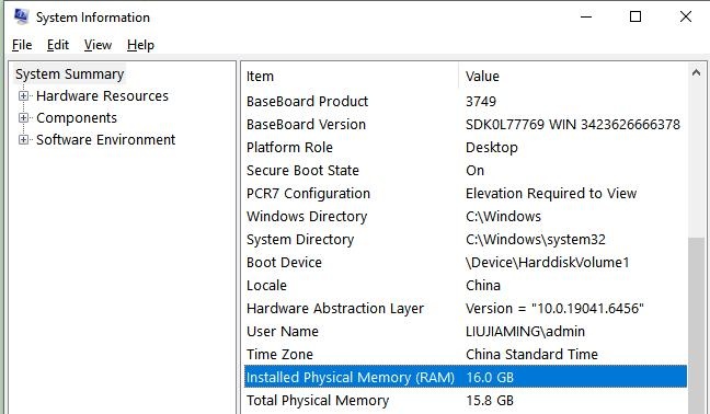 check pc ram via system information
