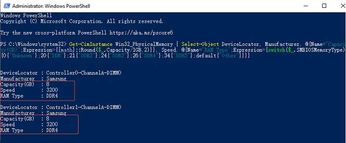 check ram via powershell