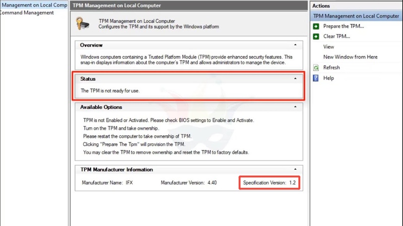 verifique tpm 2 en la administración de tpm en el equipo local