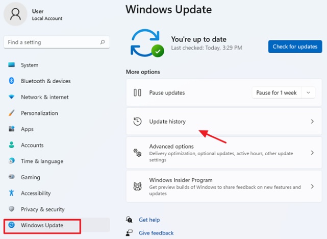check update history under windows update
