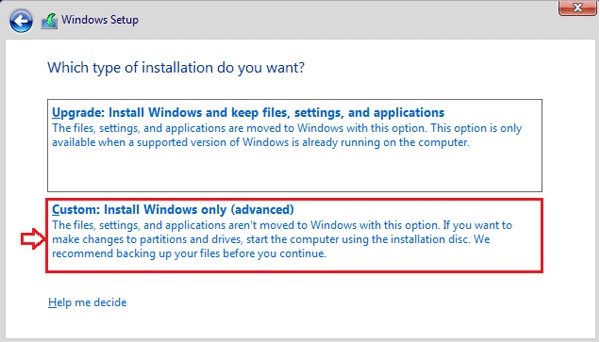 Benutzerdefinierte Windows-Installation im Setup auswählen