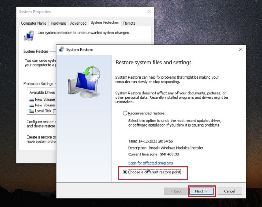choose different restore point