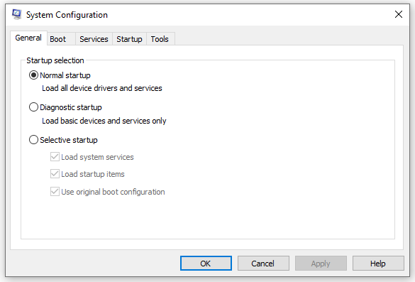 choose normal startup under general tab