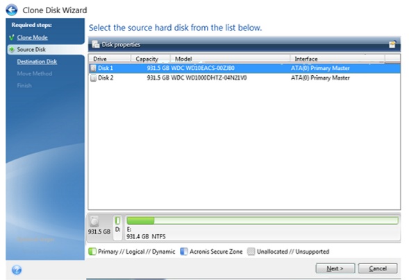 choose source and target disk